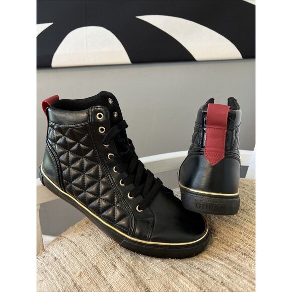 Guess Sneakers Quilted High Top Boot W/ Gold & Red Accents 8 US 41 EUR Y2K - Picture 1 of 10